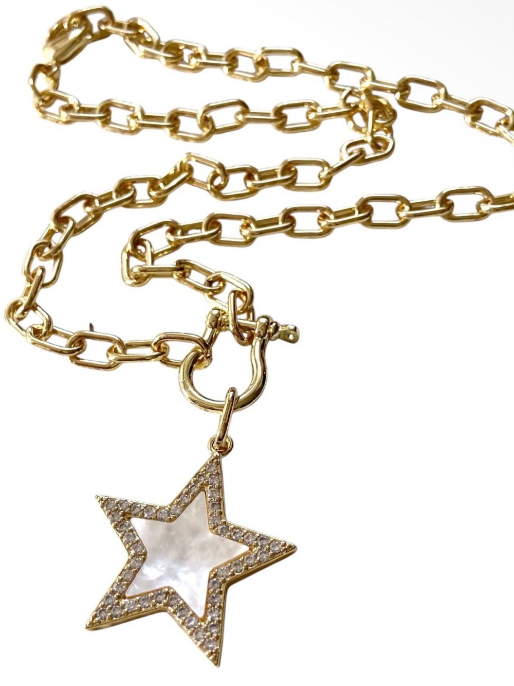 Mother of Pearl Gold Star Pendant Necklace with Pave Crystal Accents